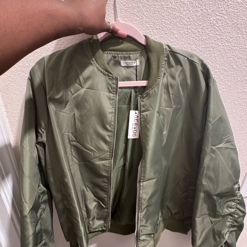 Acevog Olive Green Satin Bomber Jacket